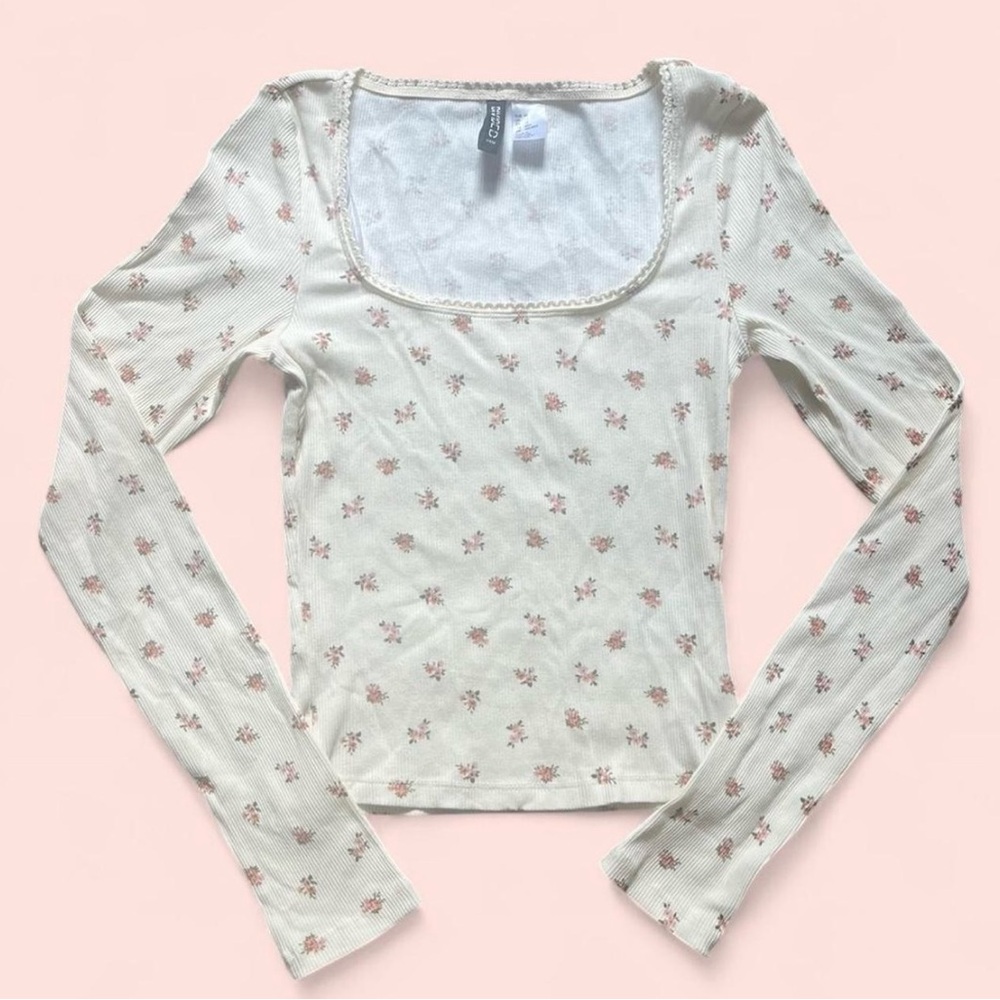 Cream Floral Square-Neck Long Sleeve Top
